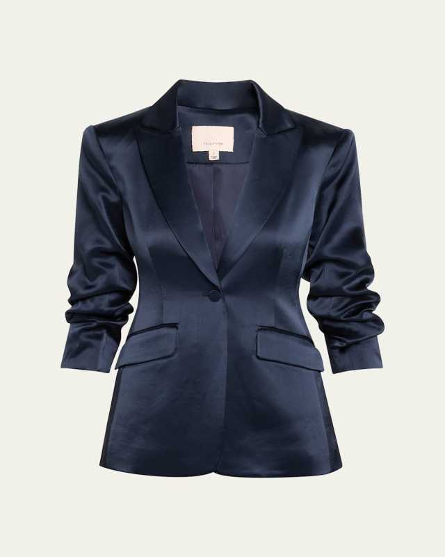 Cheyenne Smooth Satin Scrunched-Sleeve Blazer